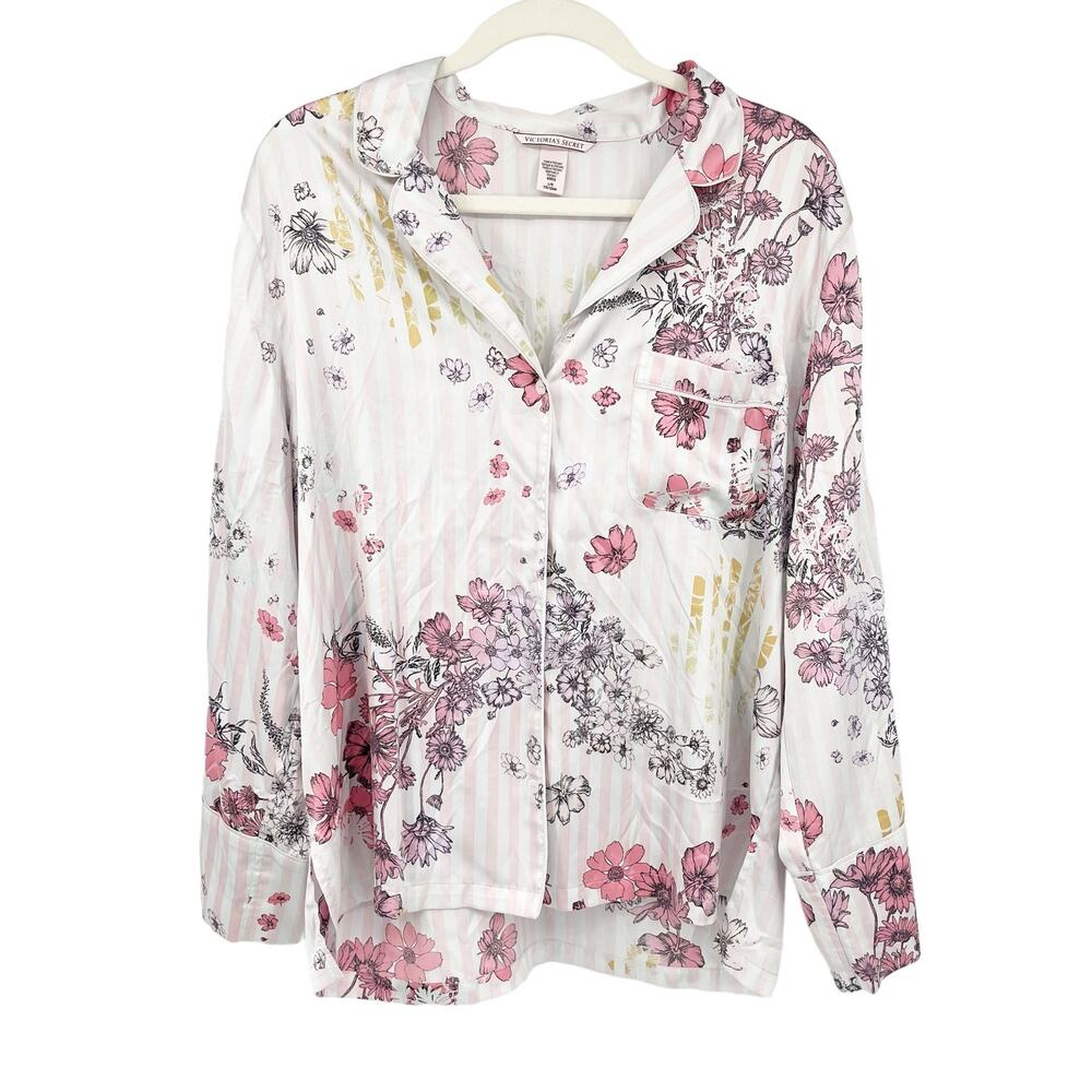 Victorias Secret Womens Subtle Stripe Silky Floral Long Sleeve Pajama Top Size L